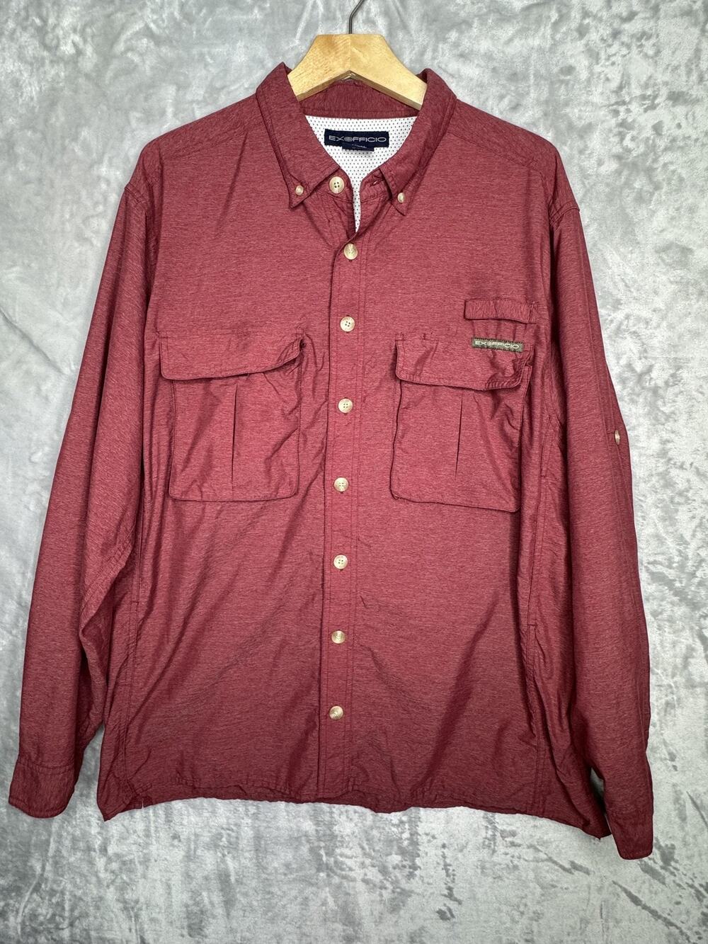 ExOfficio Shirt Mens Large Red Long Sleeve Vented Travel Fishing Zip Pocket Hike